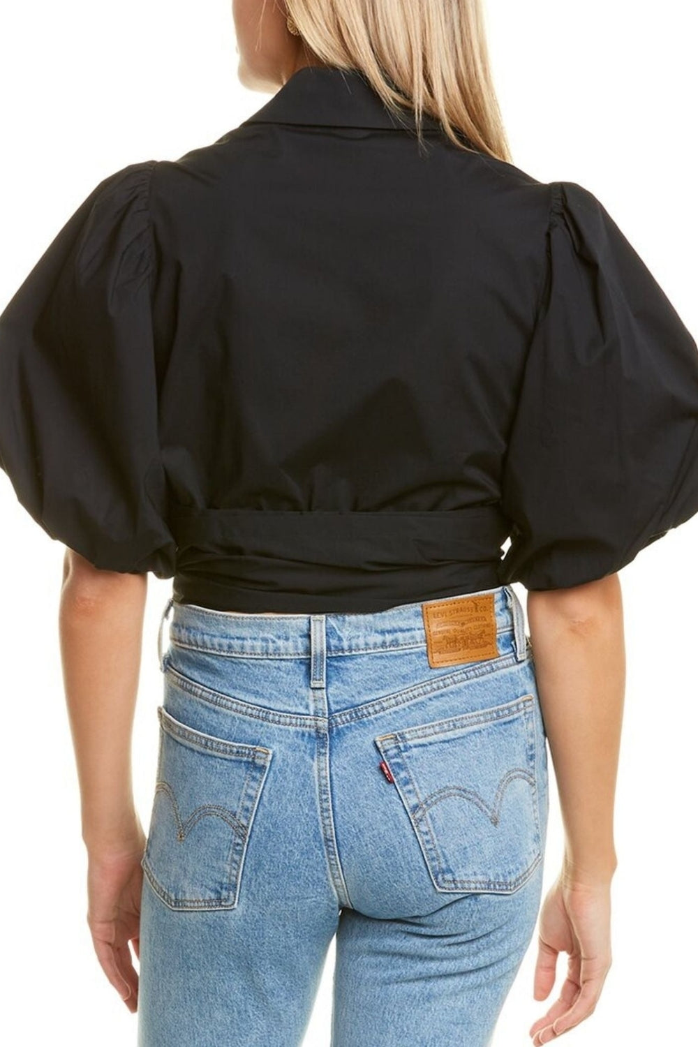Black Shirt With Puff Sleeve And Tie Knot