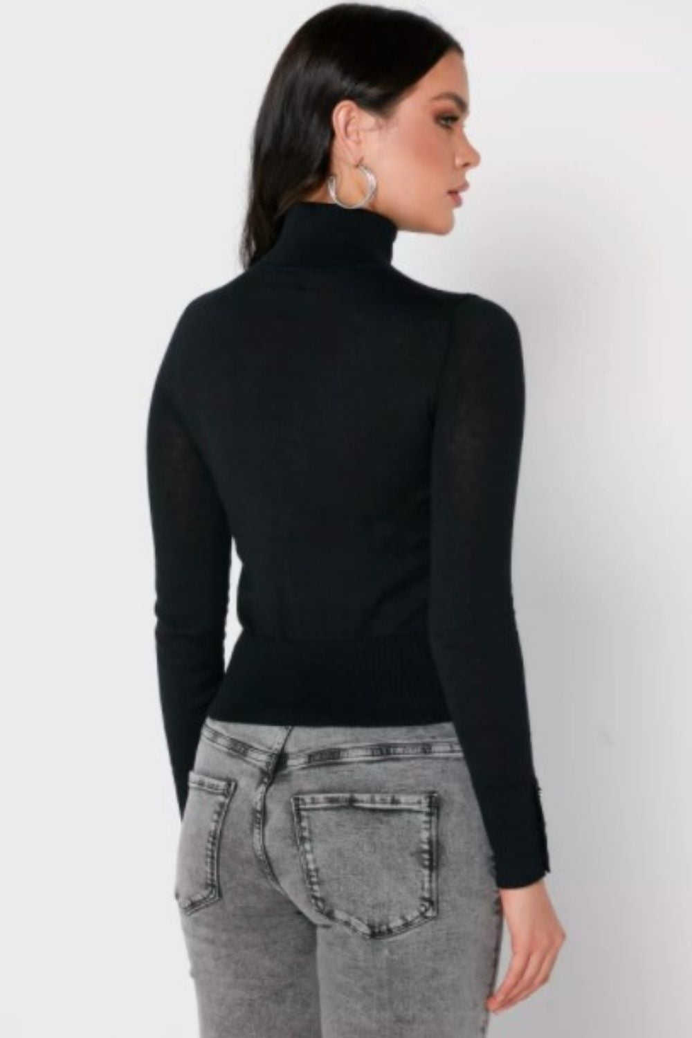 Buttoned Sleeve Black Top