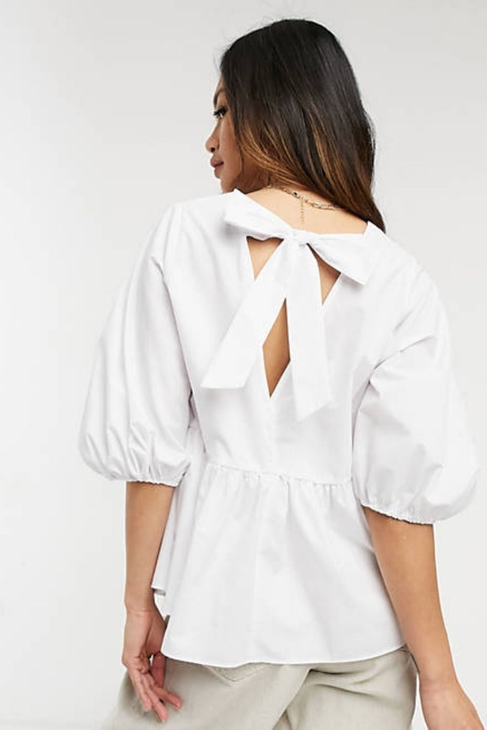 Cotton Smock Top With Tie Back In White
