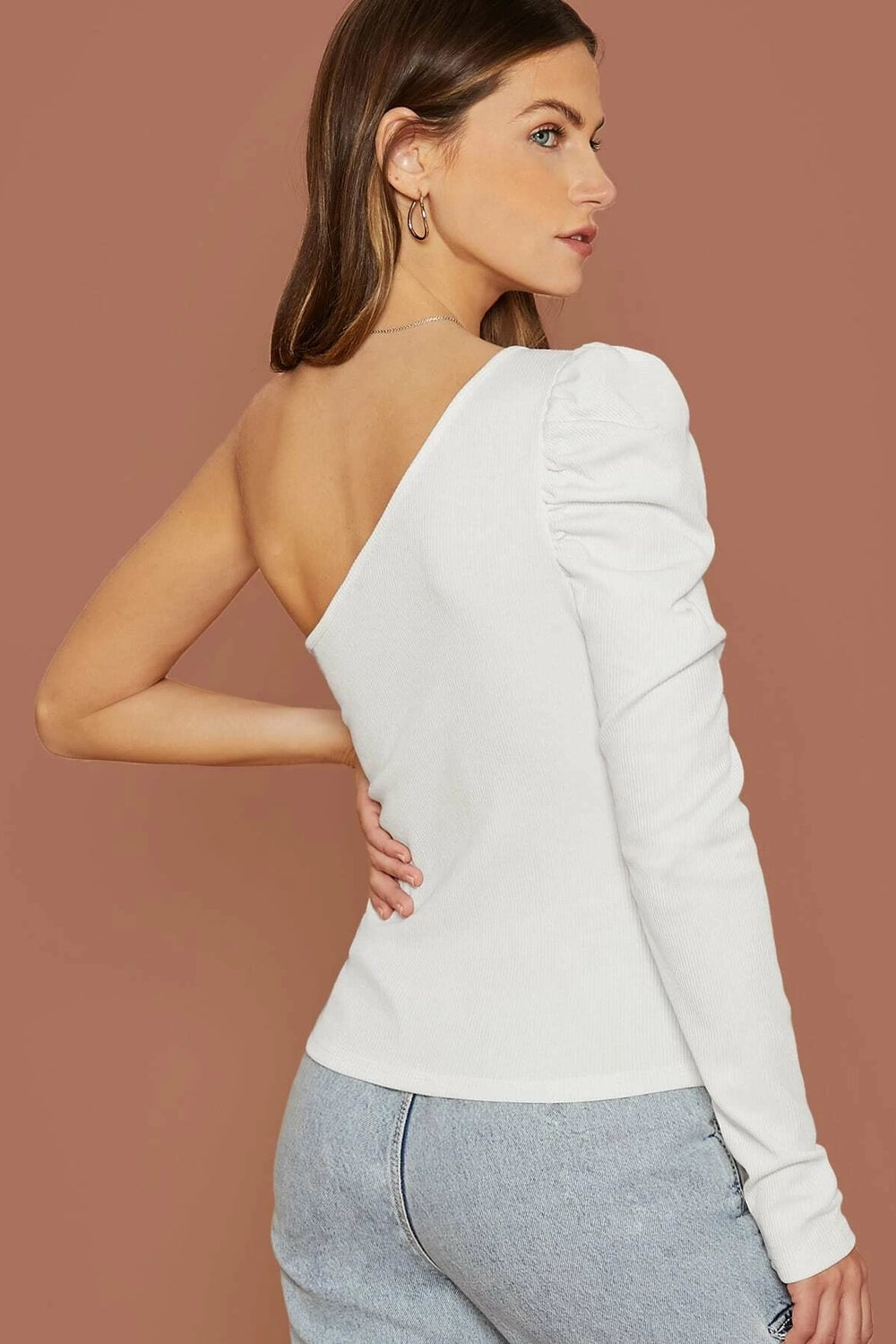 One Shoulder Puff Top White