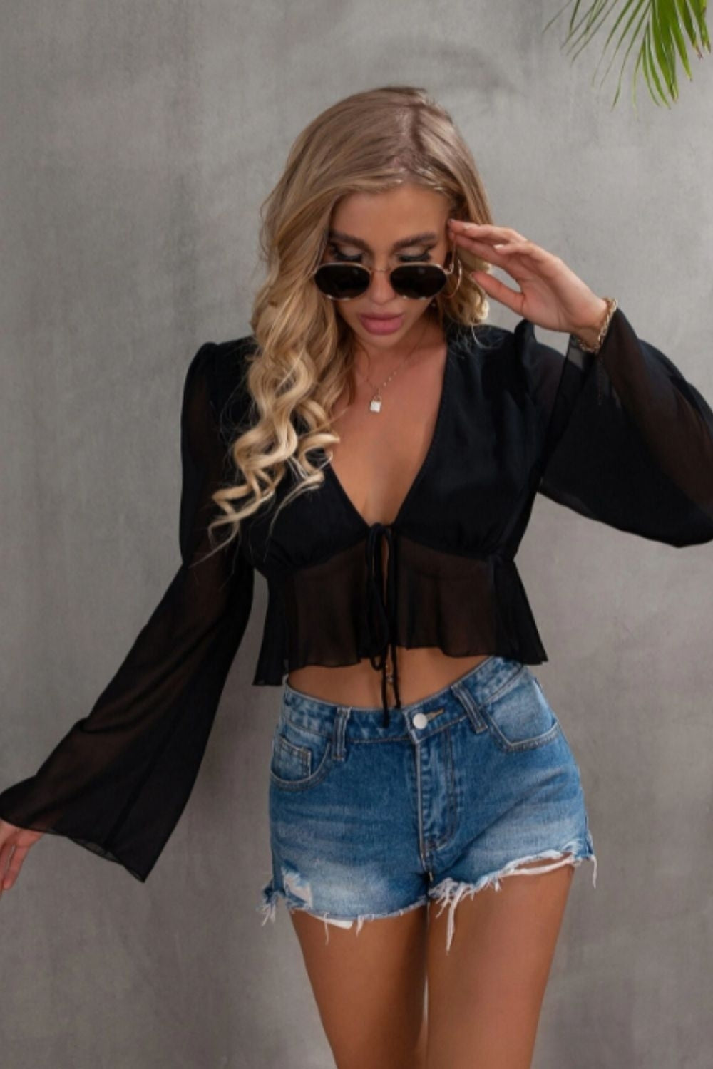 Plunge Neck Tie Detail Top