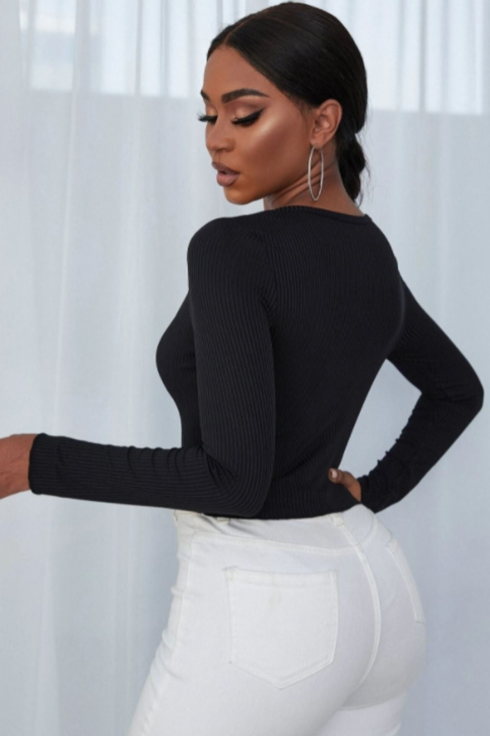 Ribbed Knit Button Front Crop Top