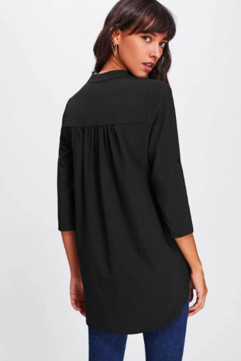 Roll Tab Sleeve Curved Hem Longline Top