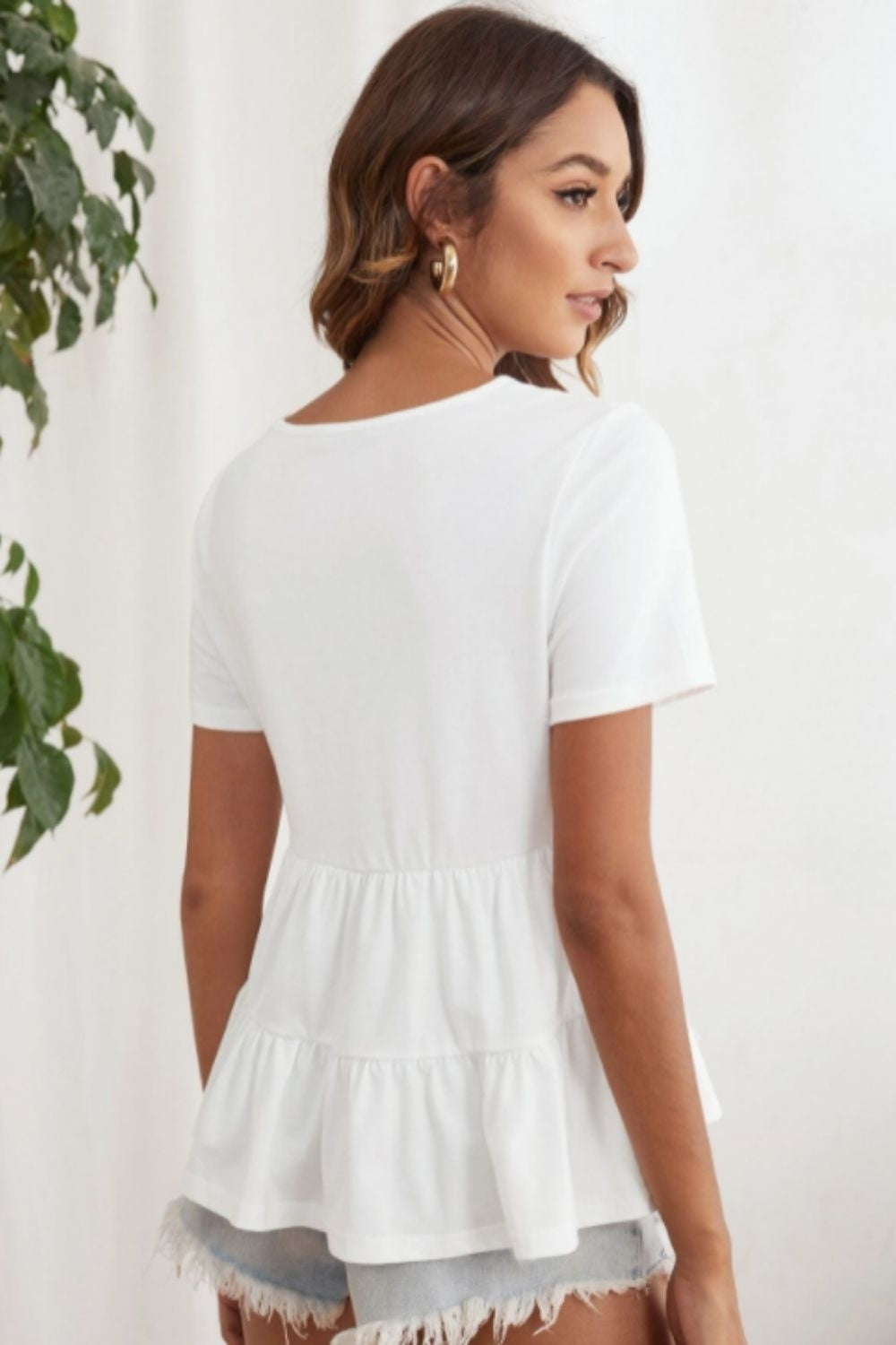 Ruffle Hem White Solid Top