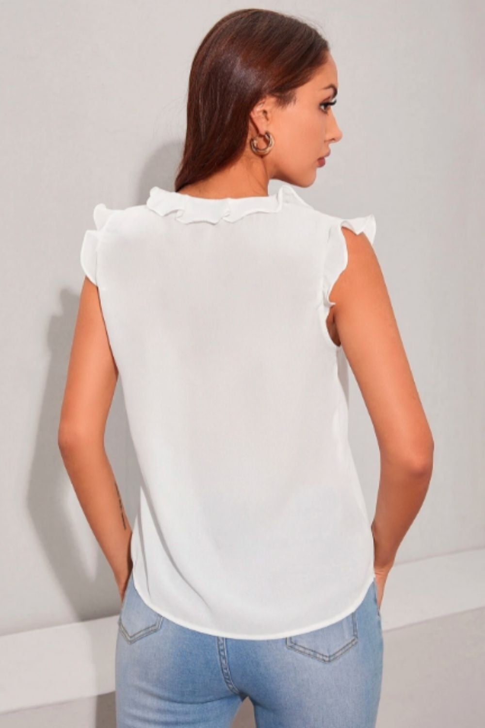 Ruffle Trim Button Down Solid Blouse