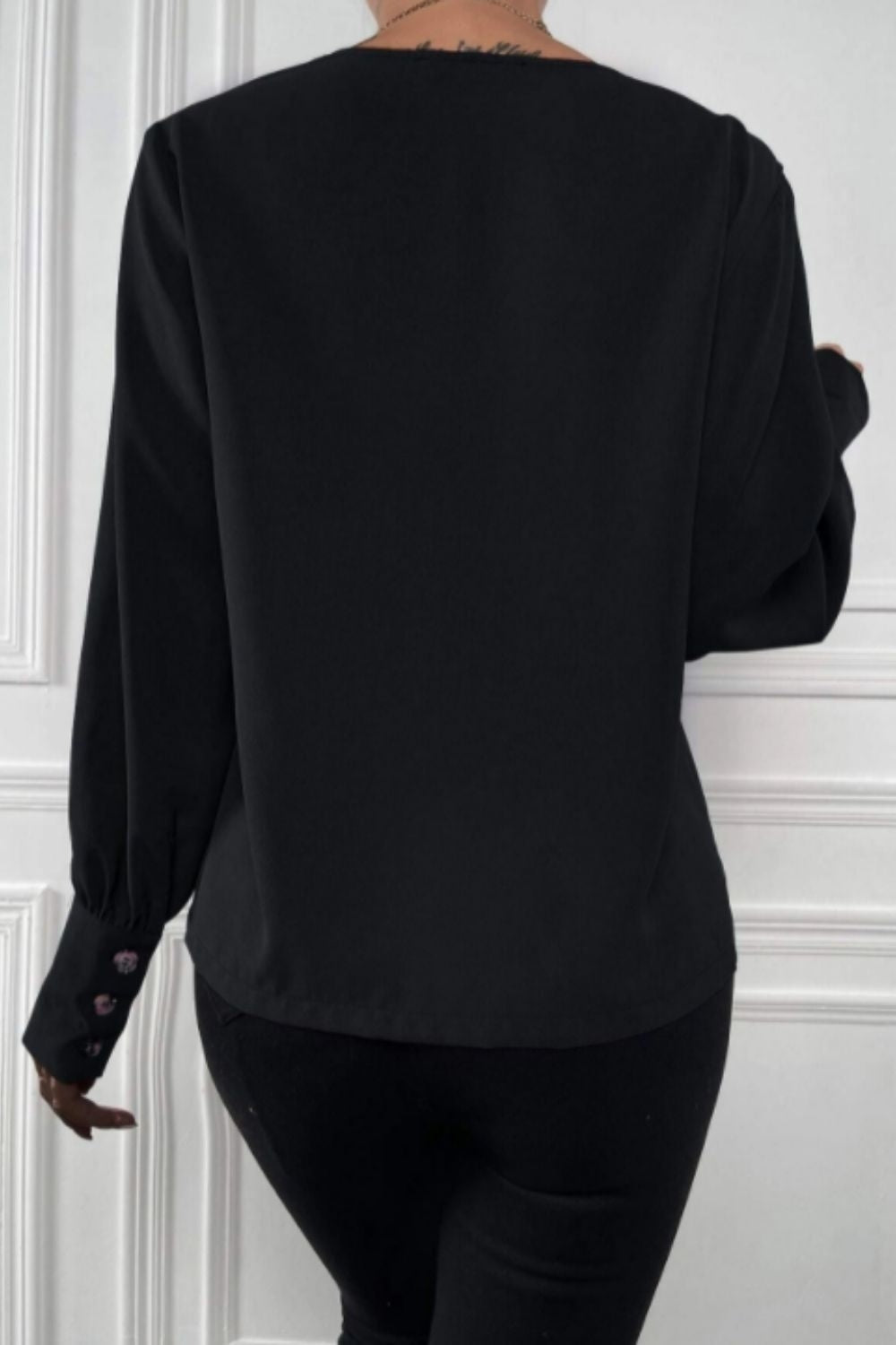 Solid Bishop Sleeve Button Front Blouse