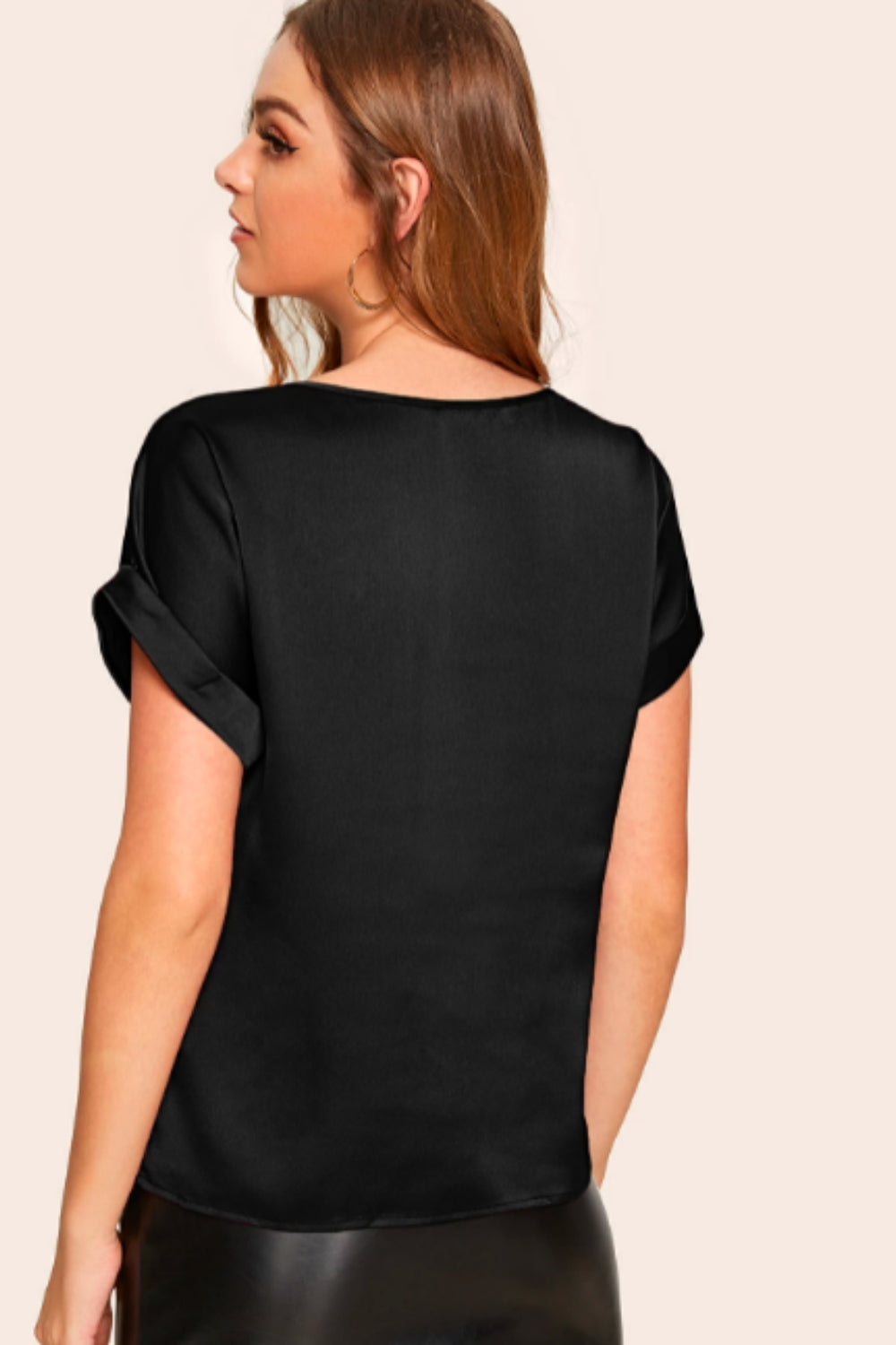 Solid Rolled Cuff Satin Top