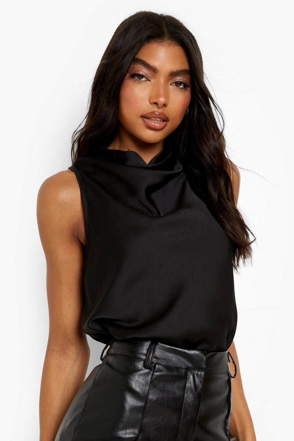 Tall Cowl Neck Sleeveless Satin Top