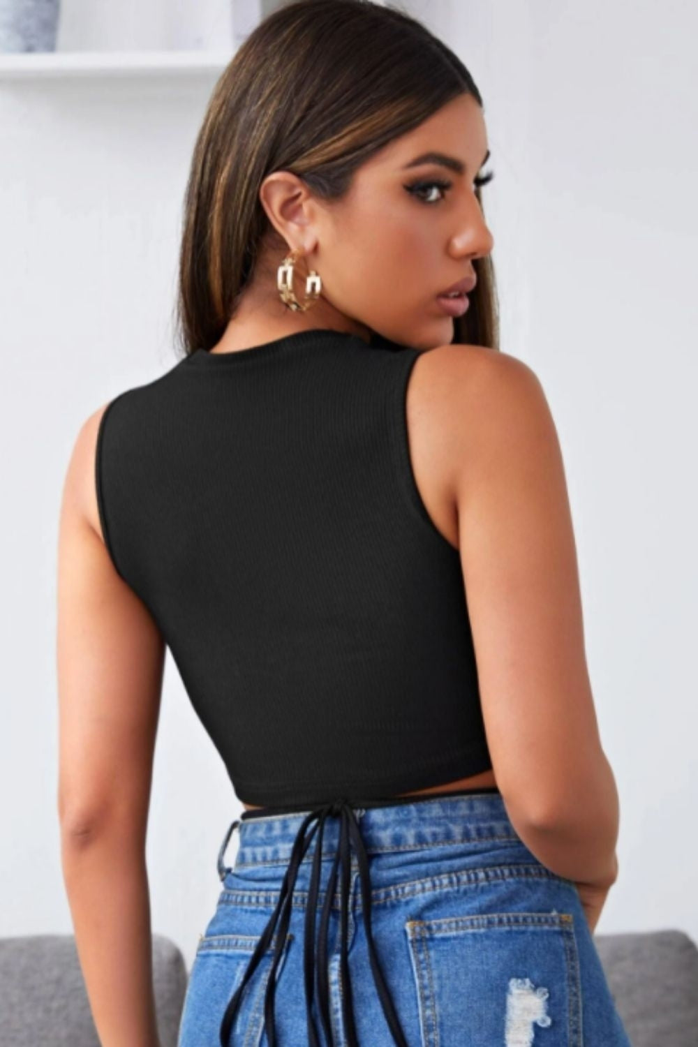 Tie Detail Black Basic Crop Top
