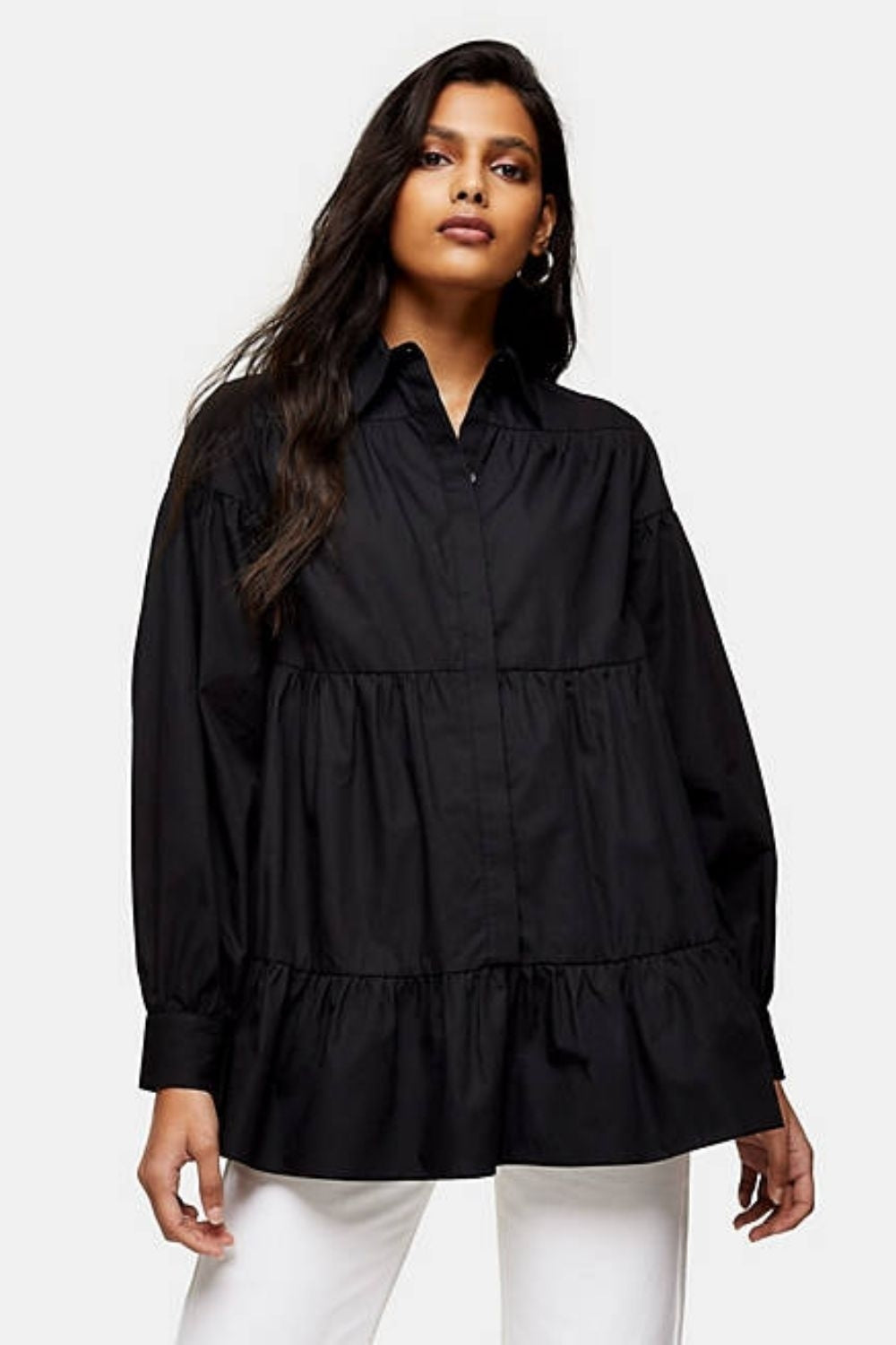 Tiered Poplin Shirt In Black