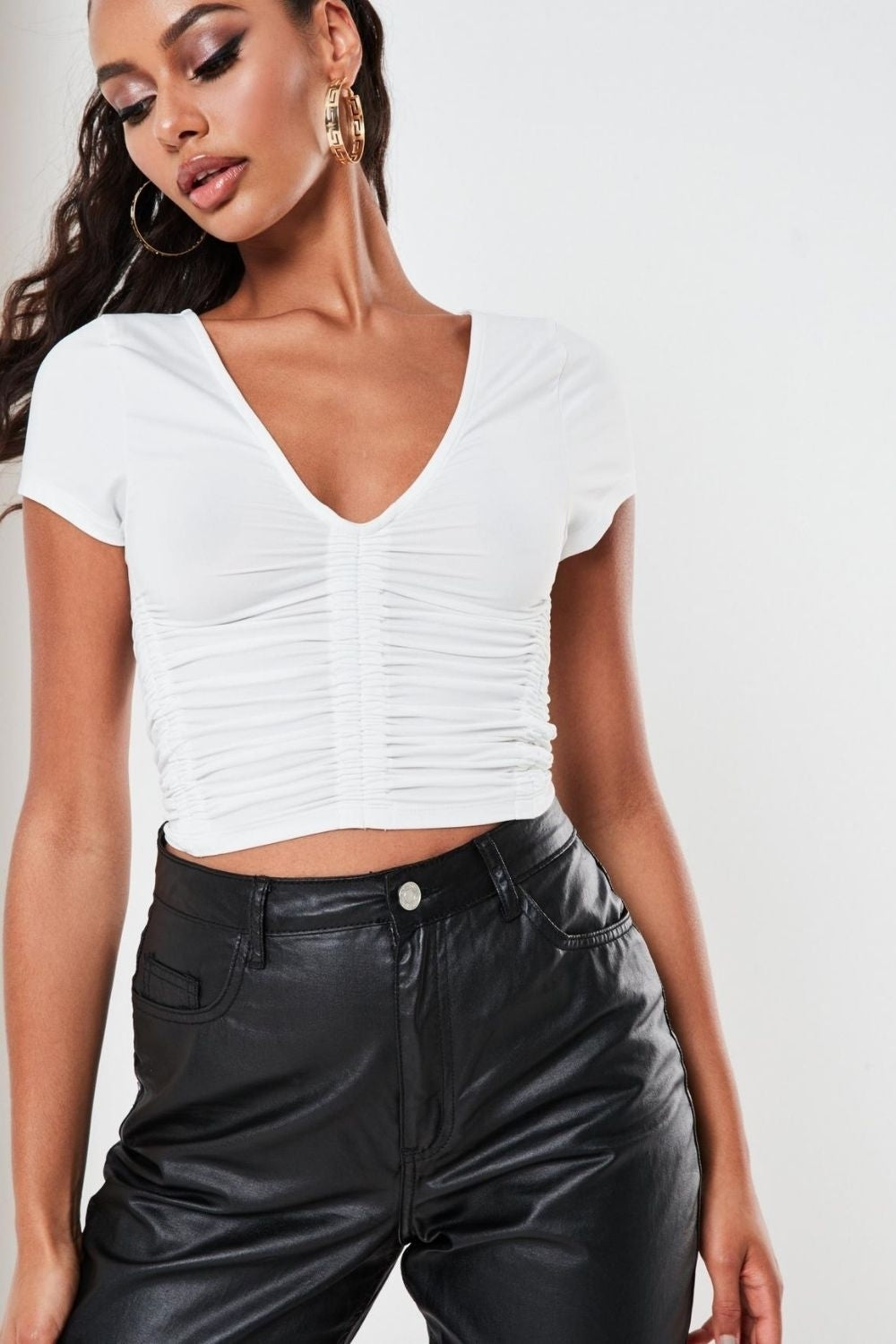 White Slinky Ruched Crop Top