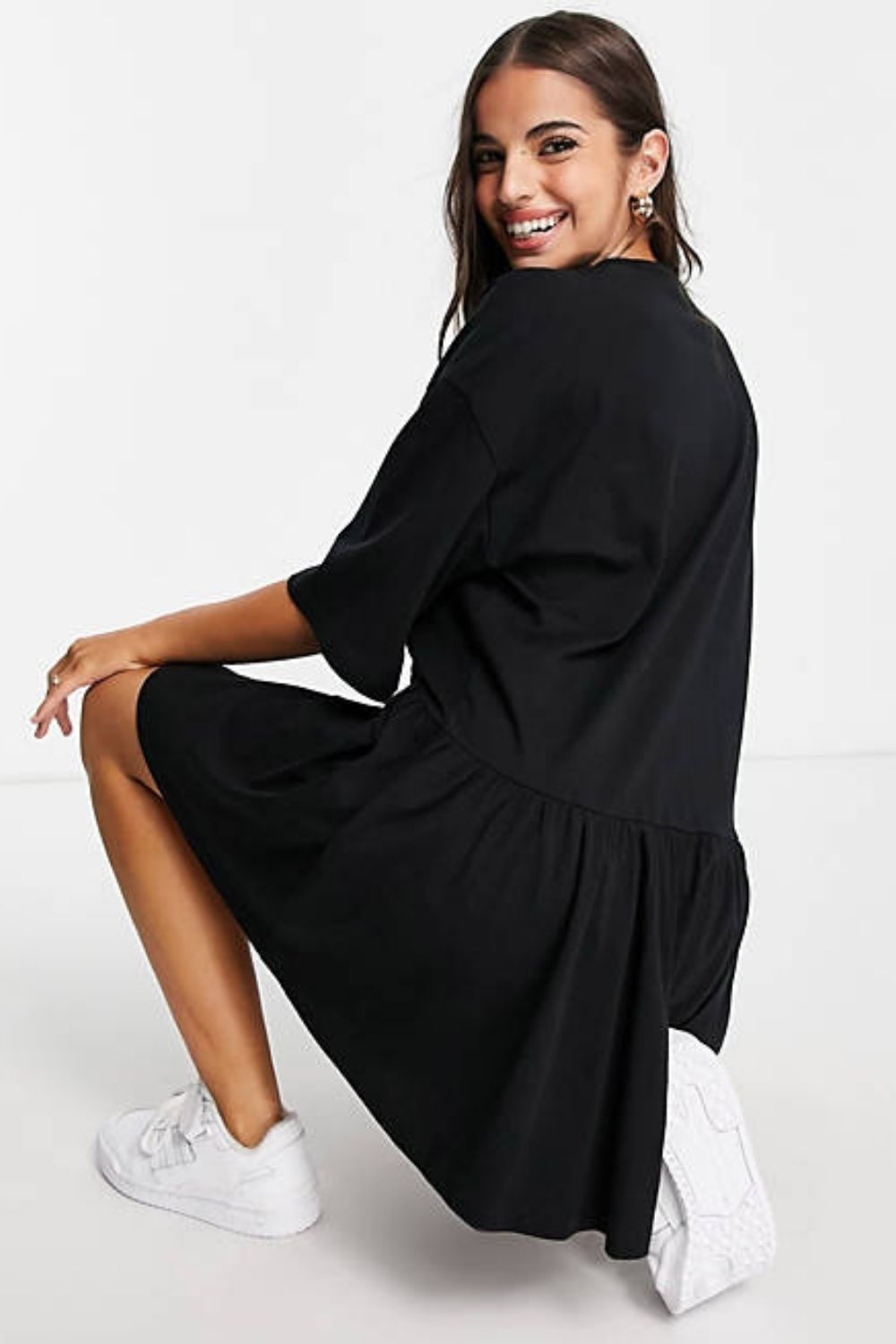 Oversized Mini Smock Dress With Dropped Waist In Black
