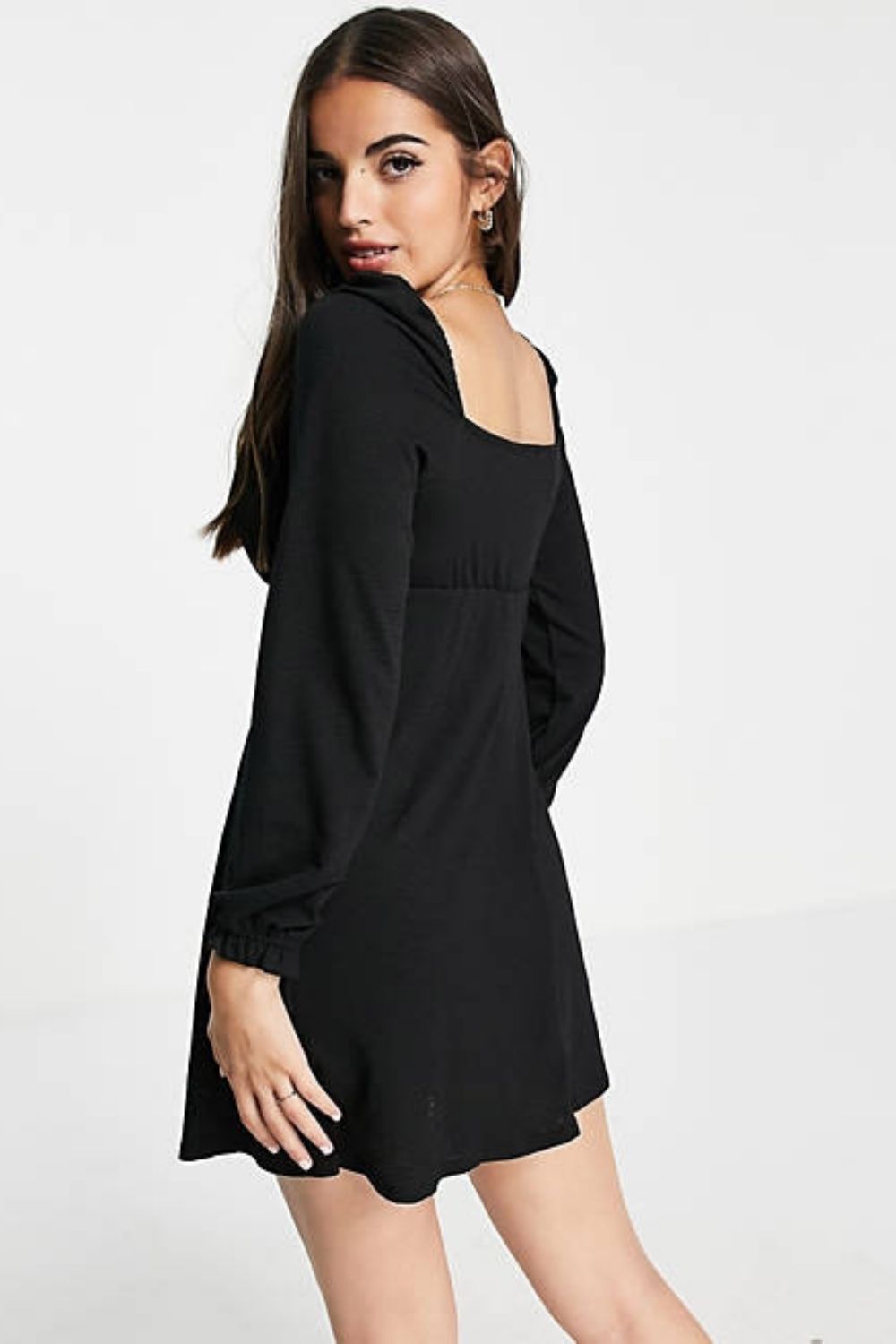 Shirred Cuff Fit & Flare Dress In Black