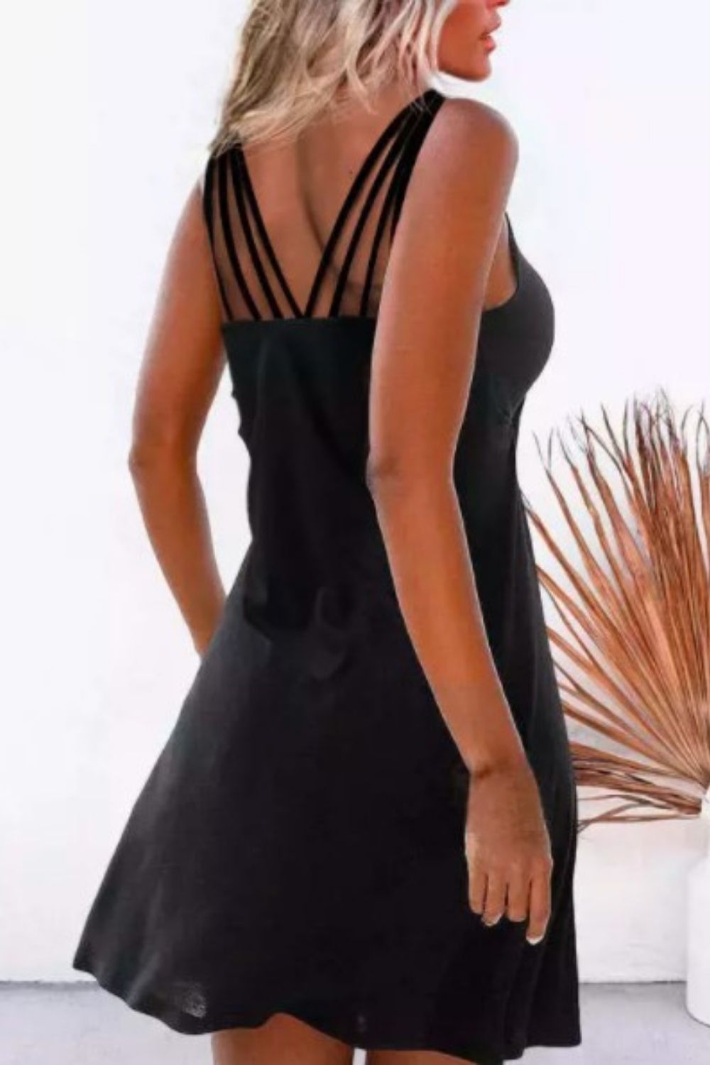 Open Back Spaghetti
Strap Mini Dress In Black