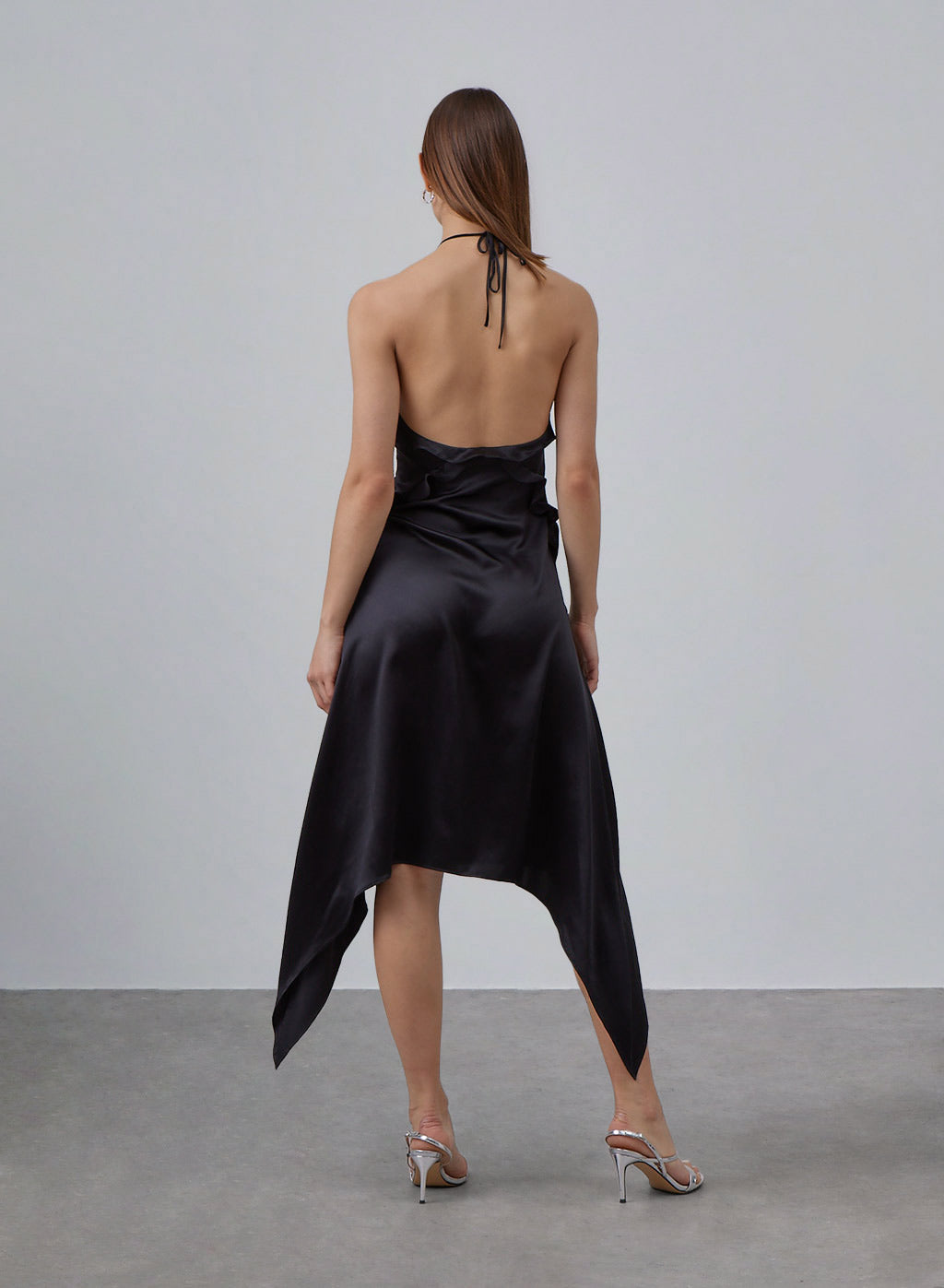 Black Ruffled Halter Neck Silky Dress