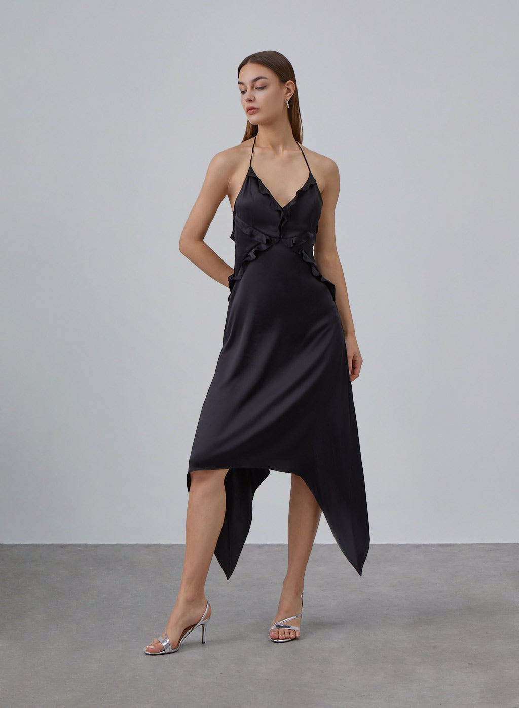 Black Ruffled Halter Neck Silky Dress