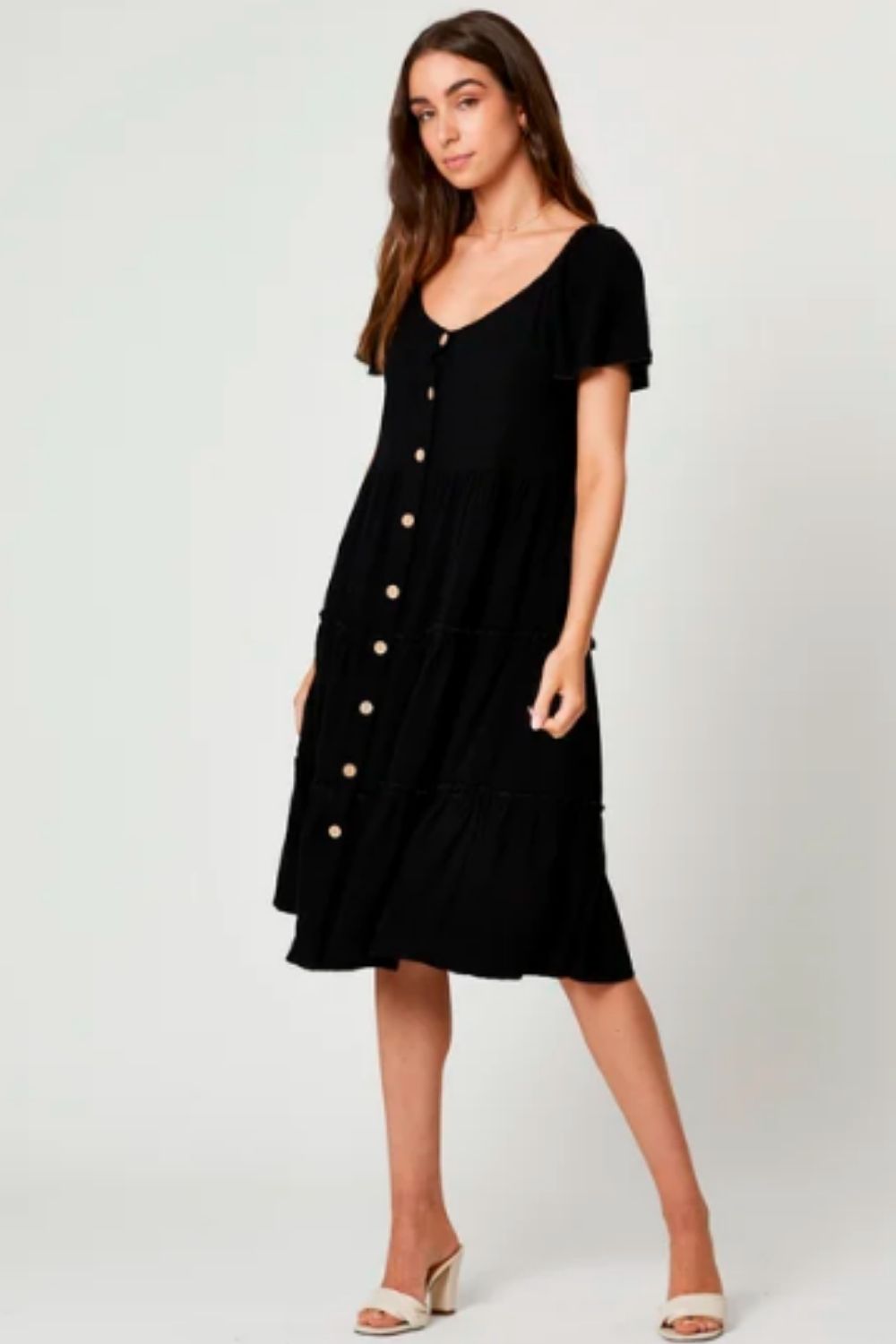 Button Front Ruffle Midi Dress
