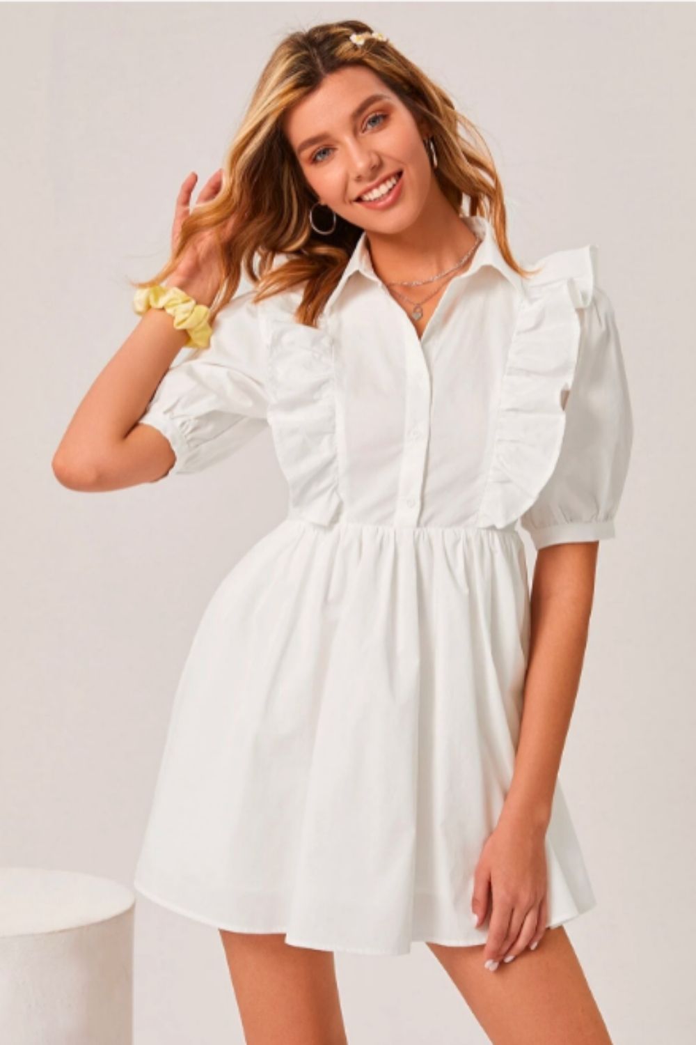 Collared Ruffle Trim Dress White