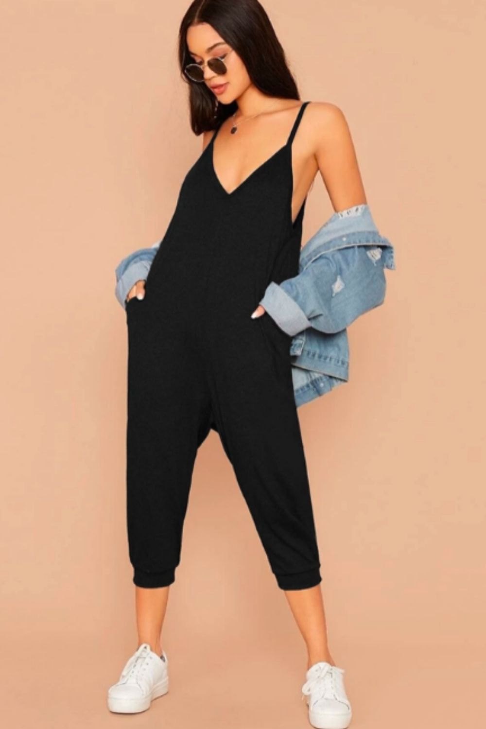 Double V Neck Pocket Cami Jumpsuit