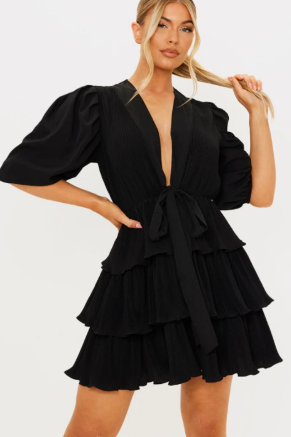 Flared Black Plunge Neck Mini Black Dress
