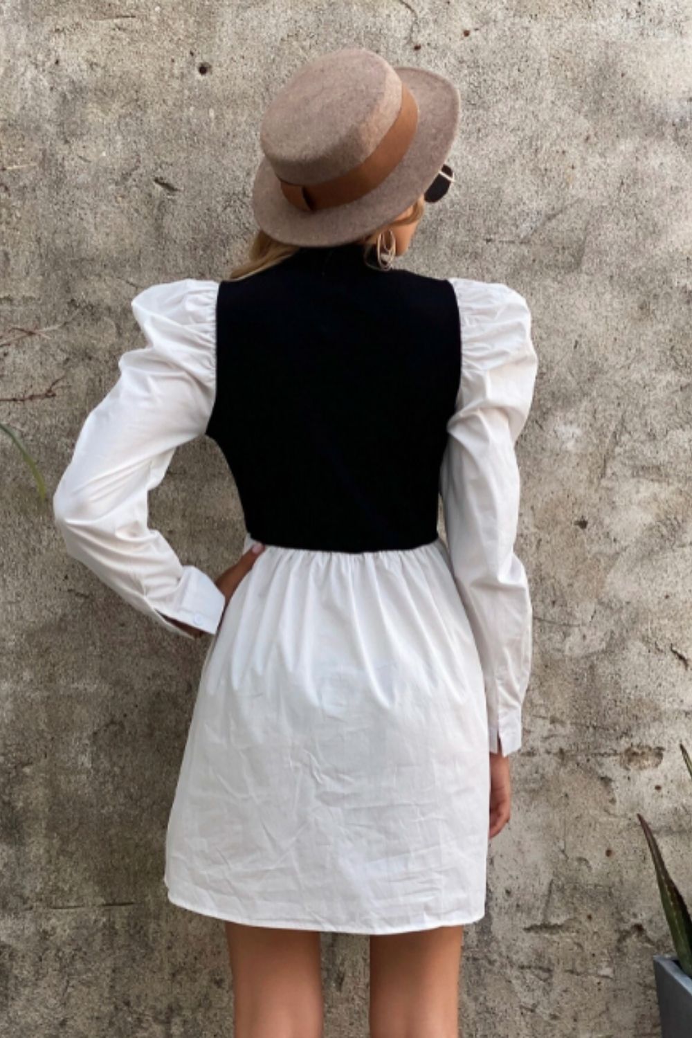 Mock Neck Puff Sleeve Color Block Dress