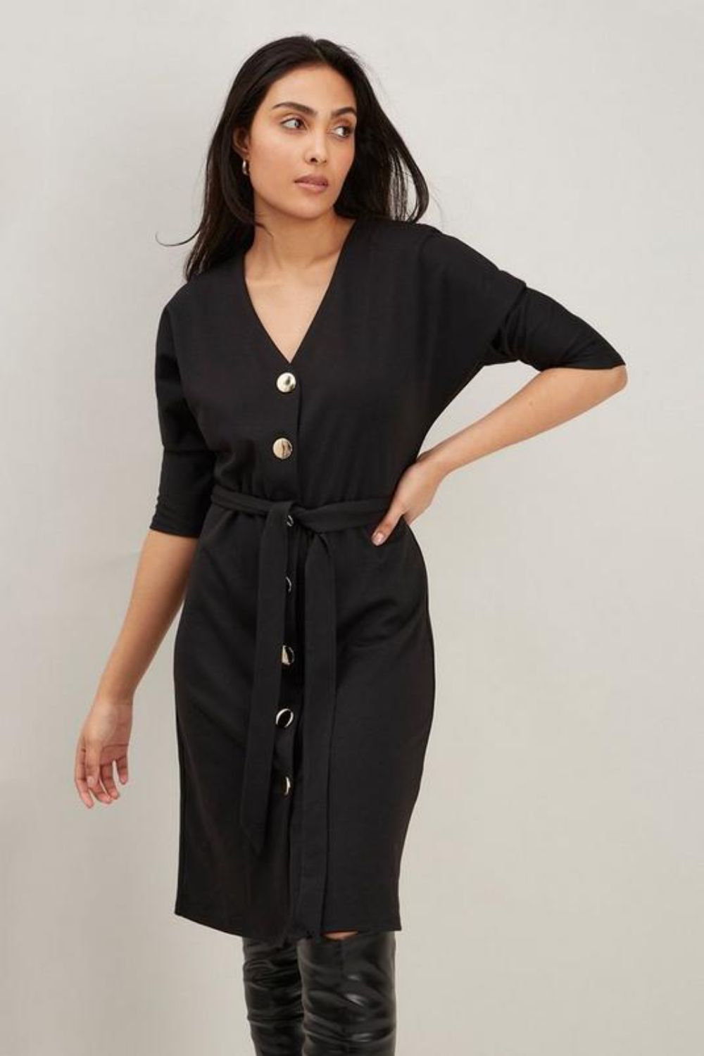 Petite Black Jersey Button Through Dress