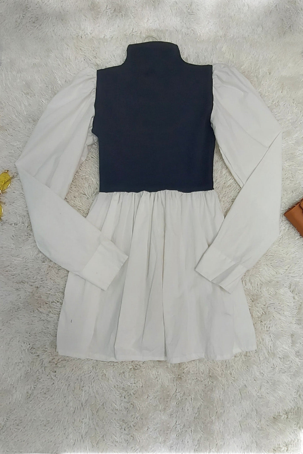 Mock Neck Puff Sleeve Color Block Dress