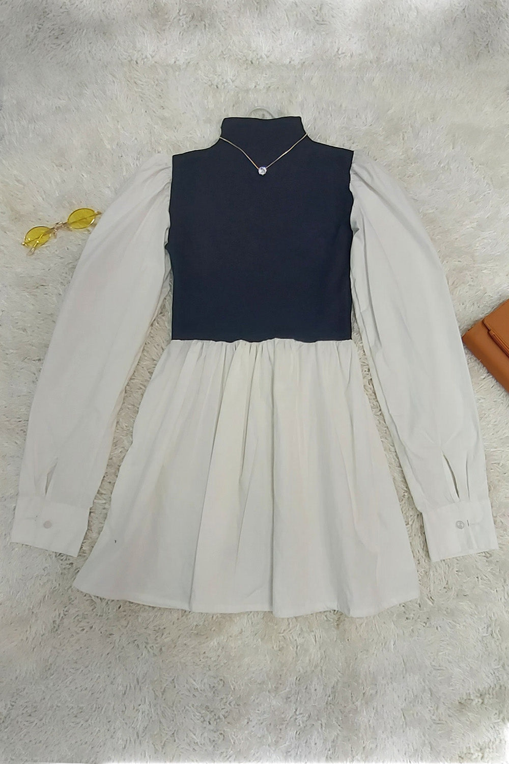 Mock Neck Puff Sleeve Color Block Dress