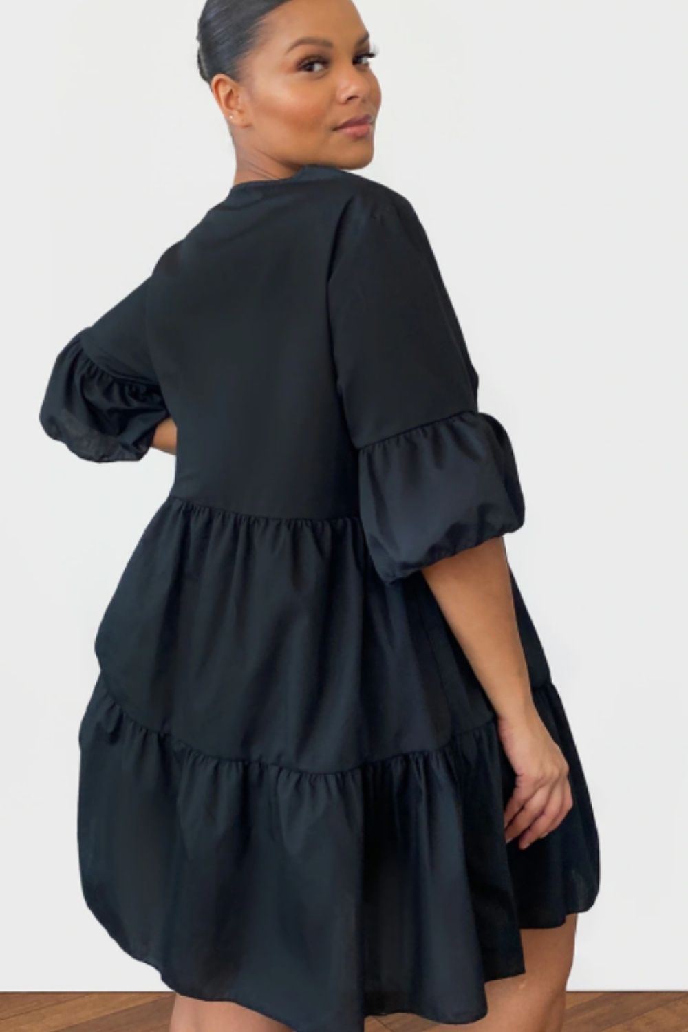 Plunge Neck Mini Flare Dress In Black