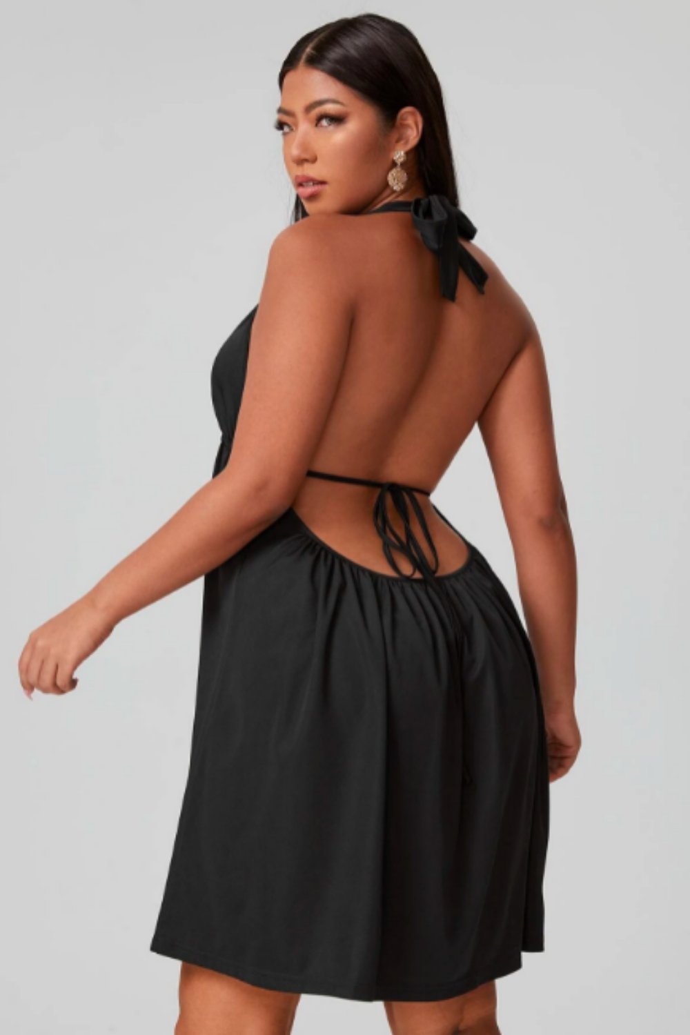 Plunge Neck Backless Flare Mini Dress