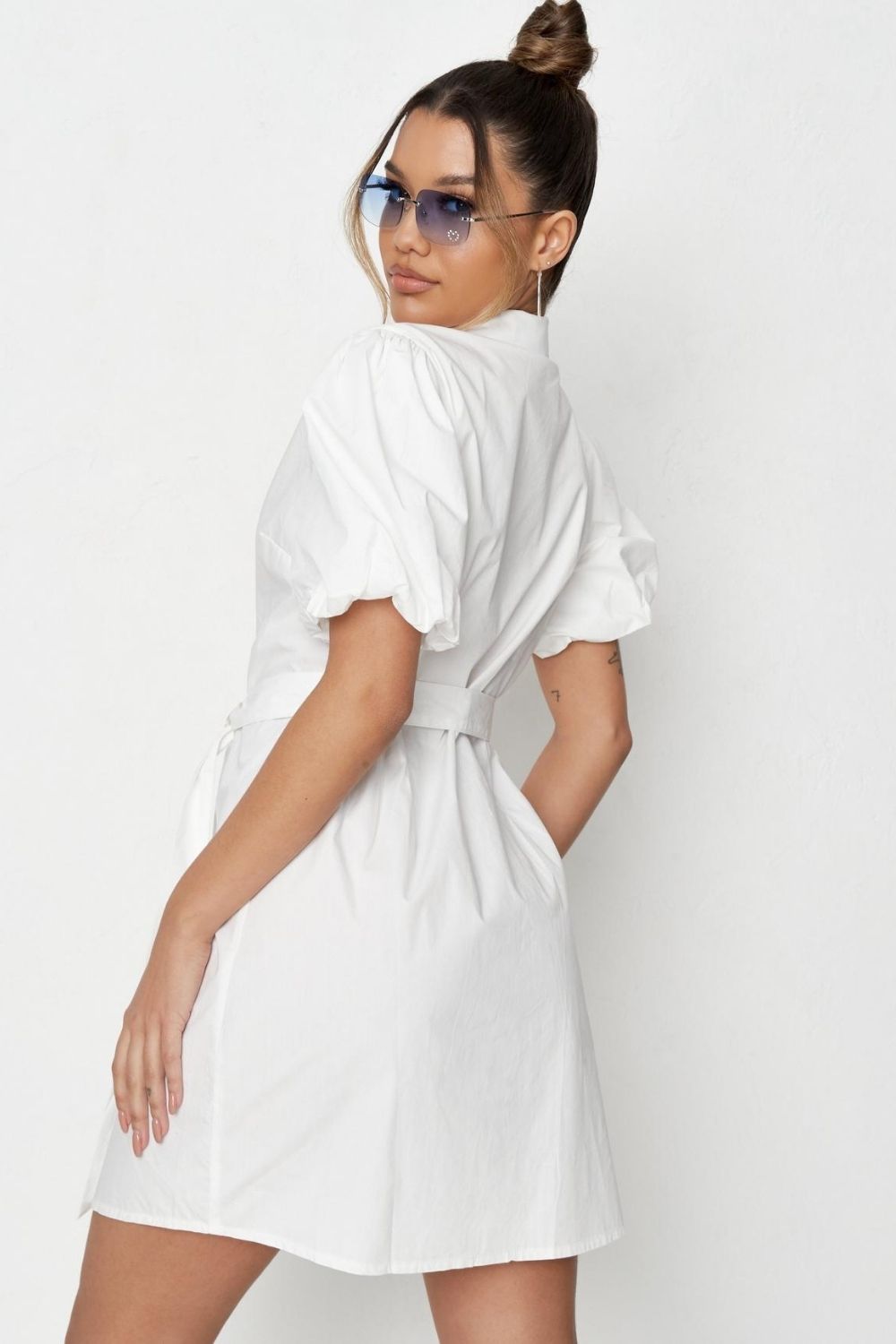 Puff Sleeved Button Open Front White Shirt Dress