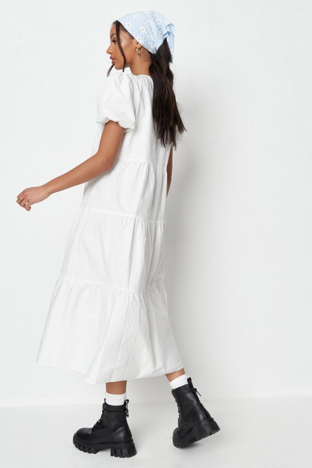 Puff Sleeved White Ruffle Midi Dress