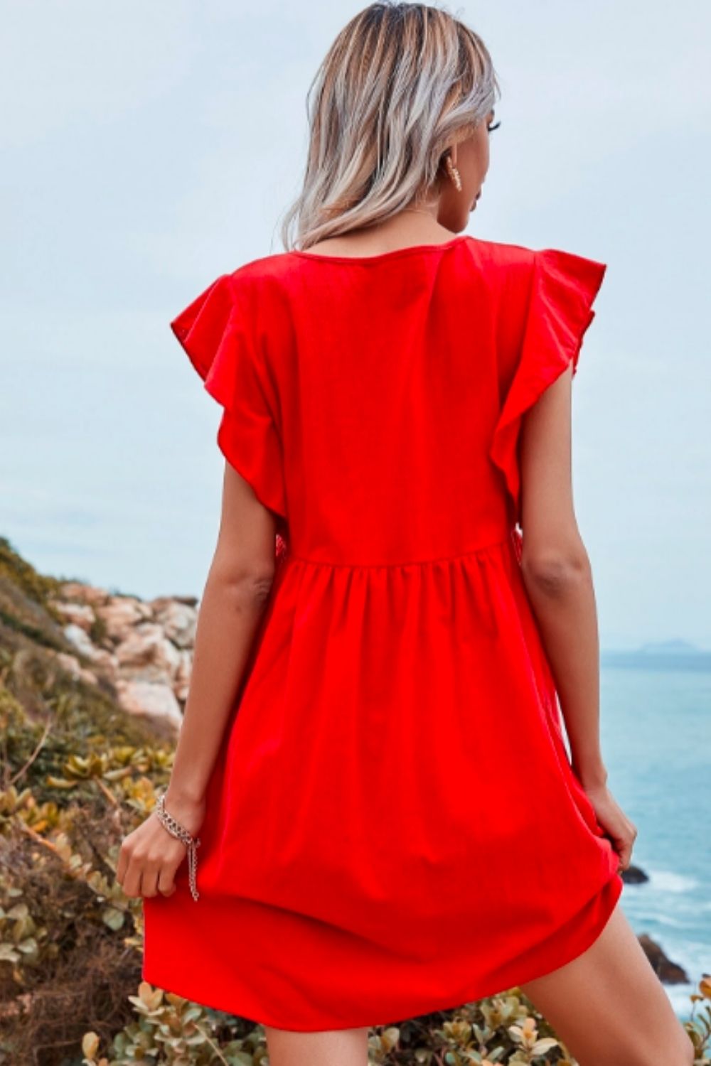 Red Solid Ruffle Cuff Smock Dress