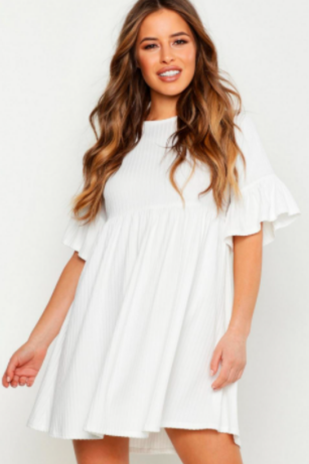 Round Neck Ruffled Hem sleeve White Dress