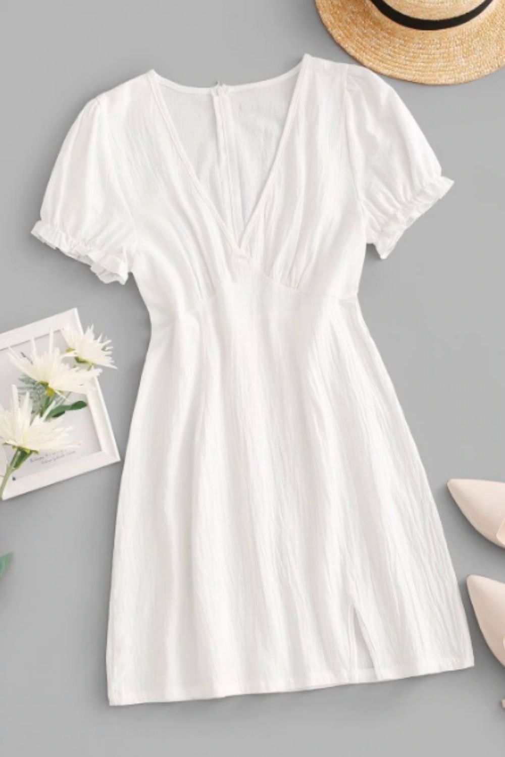 Split Hem Puff Sleeve Dress