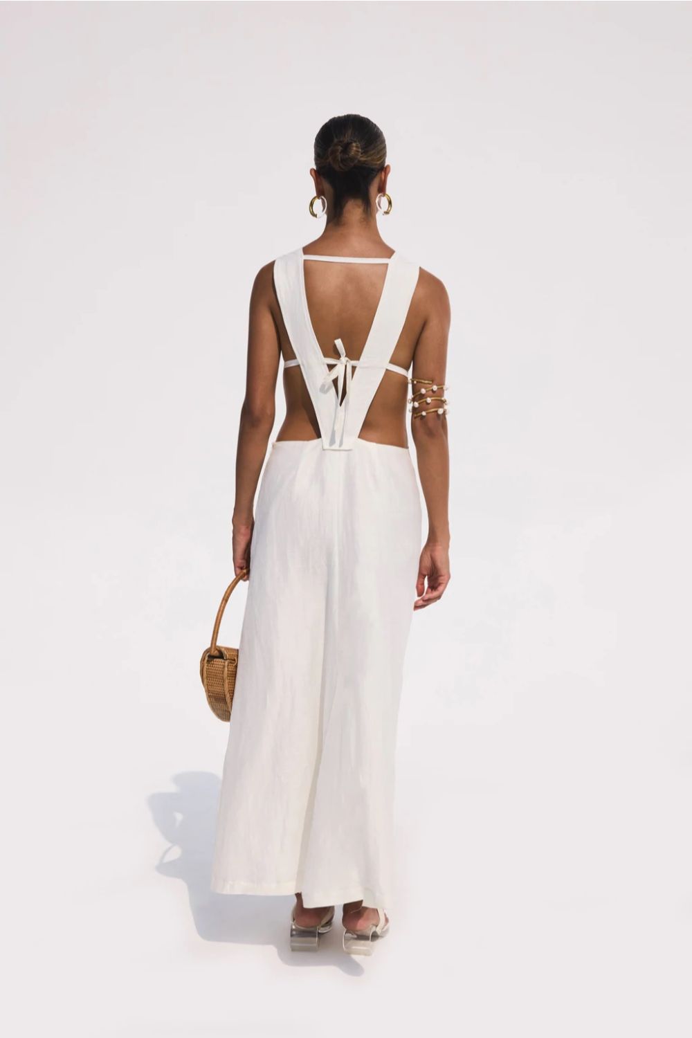 White Cotton V Neck Slit Dress