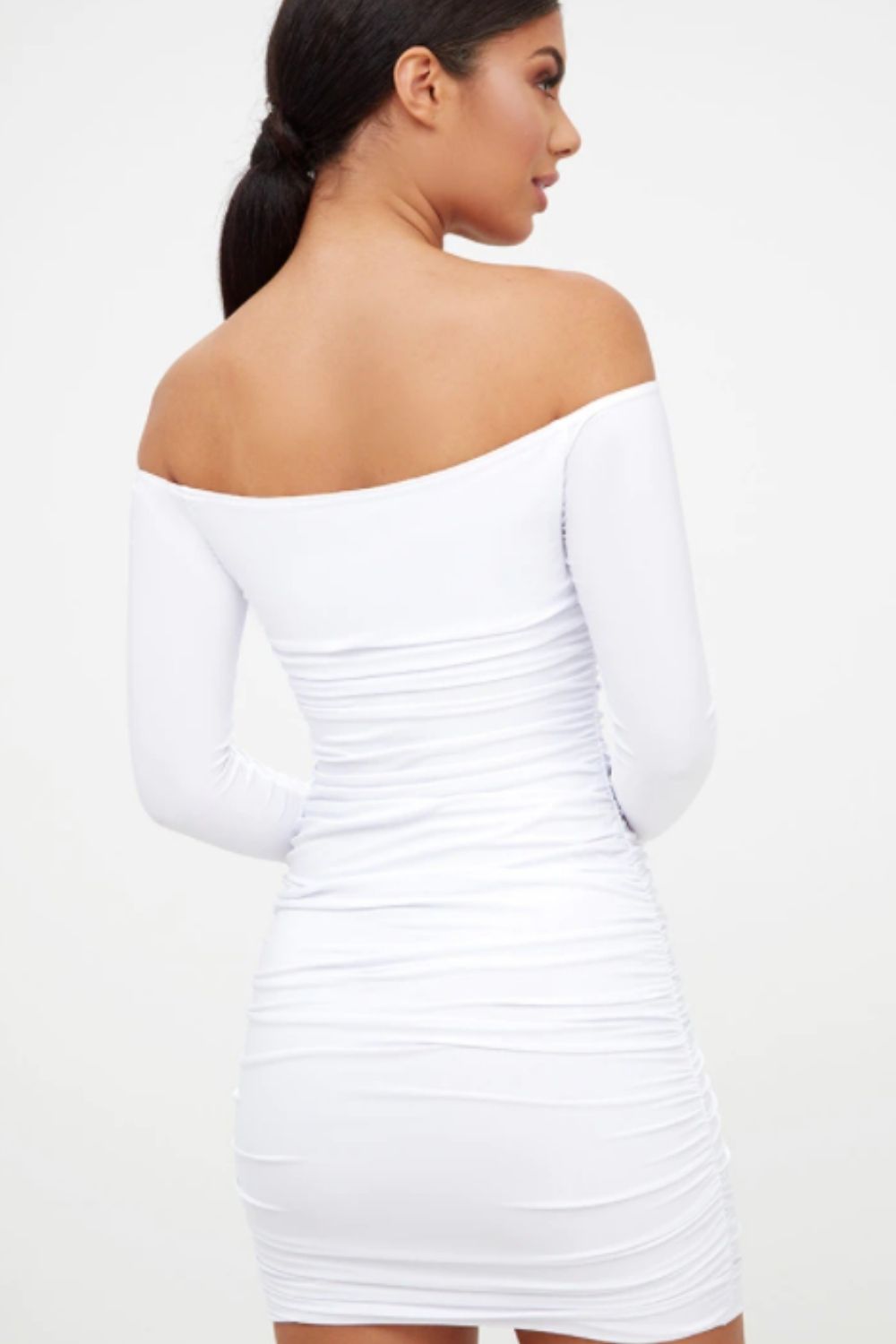 White Off shoulder Full Sleeves Mini Dress