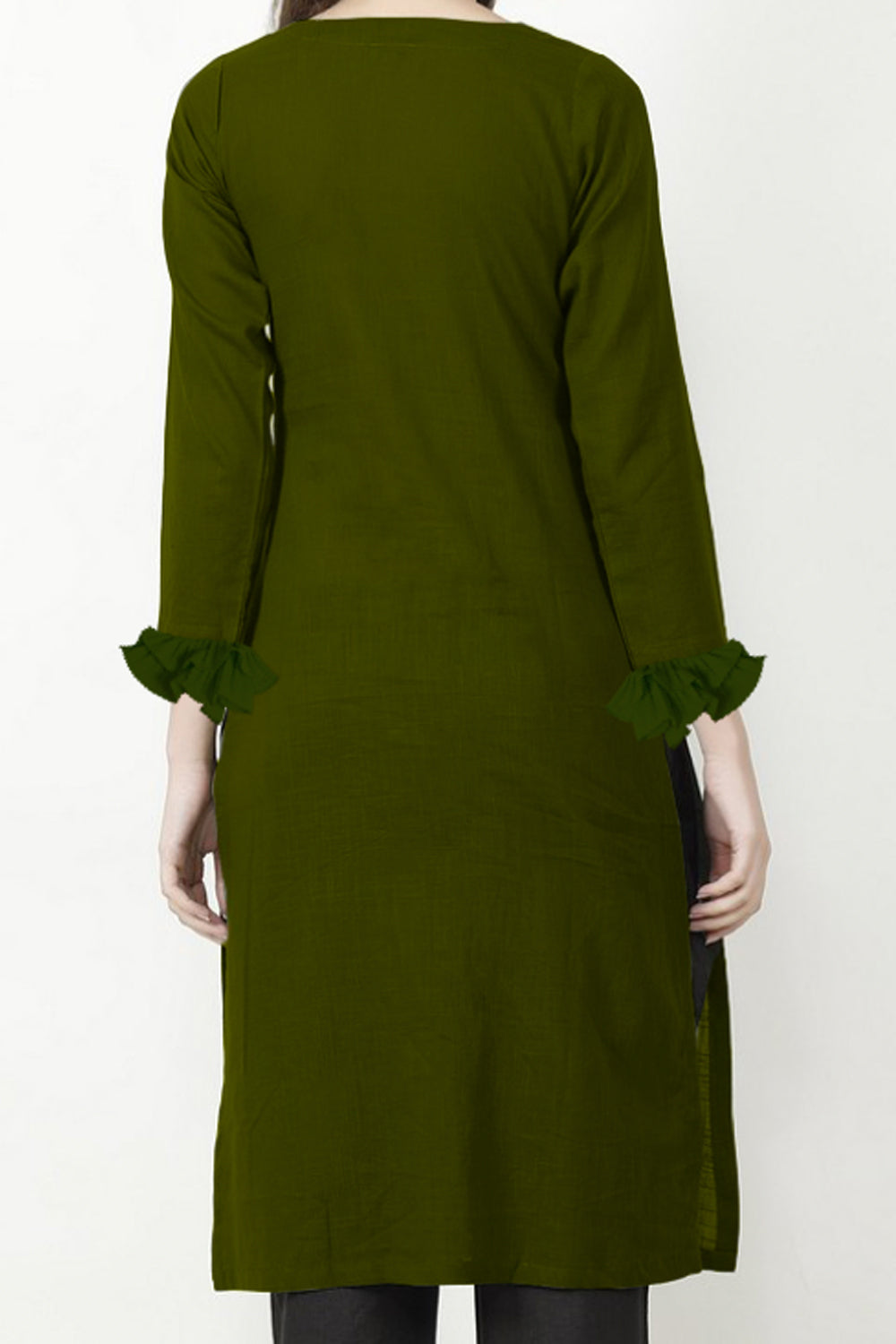 Olivia - Olive green kurta with ruffle sleeve hem