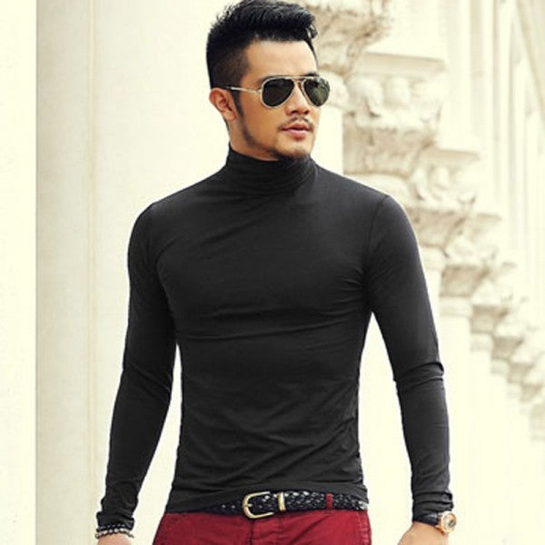 Slim Stretch Cotton Long Sleeved High Necked T-shirt Black