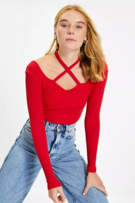 Beauty In Red Halter Neckline Top