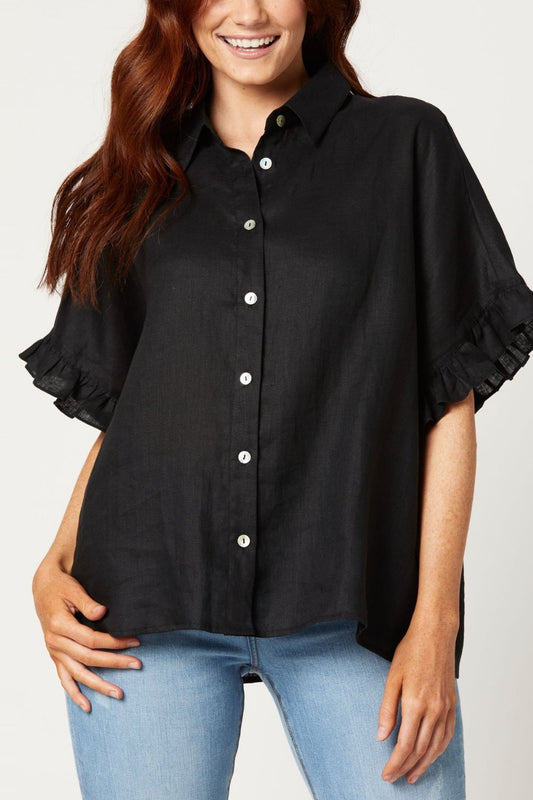 Black Shirt With Frilled Hem Sleeve
