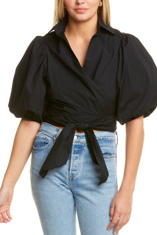 Black Shirt With Puff Sleeve And Tie Knot