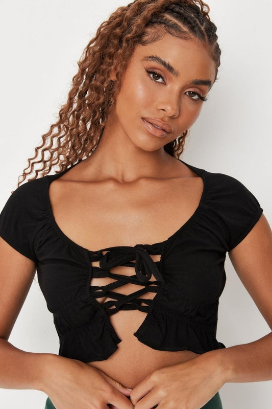 Black Laceup Front Cap Sleeve Milkmaid Top
