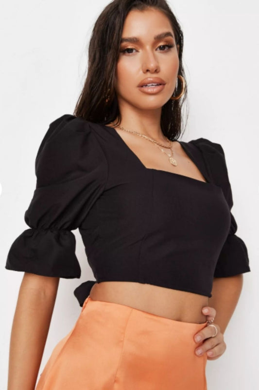 Black Puff Sleeve Tie Back Crop Top