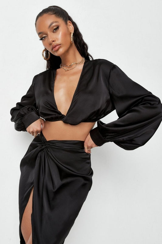 Black Twist And Front Satin Crop Top