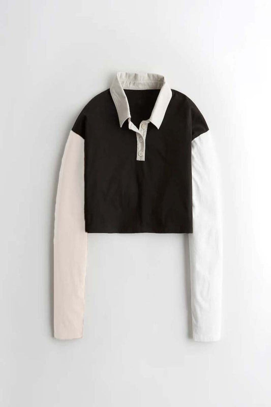 Color Block Crop Polo T Shirt