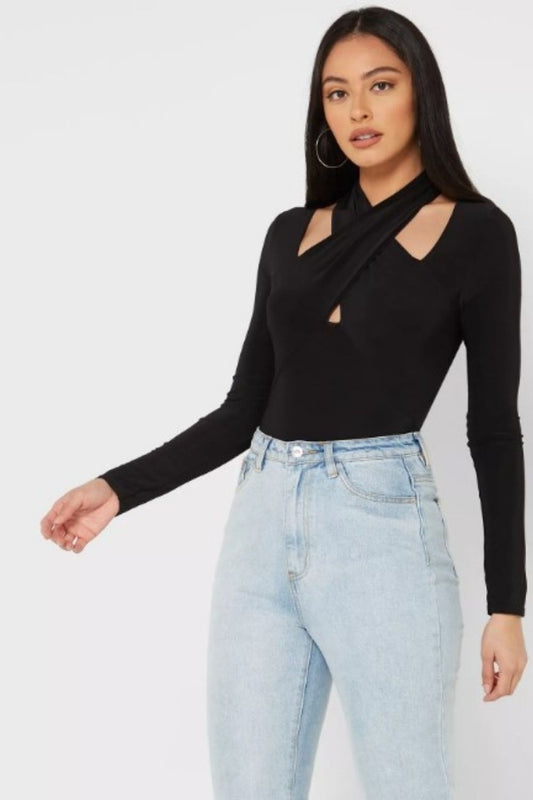 Come On Black Cross Over Neckline Black Top