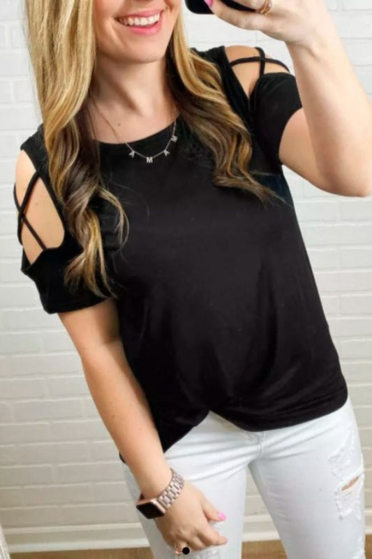 Crisscross Twist Hollow 
Out Blouse Black