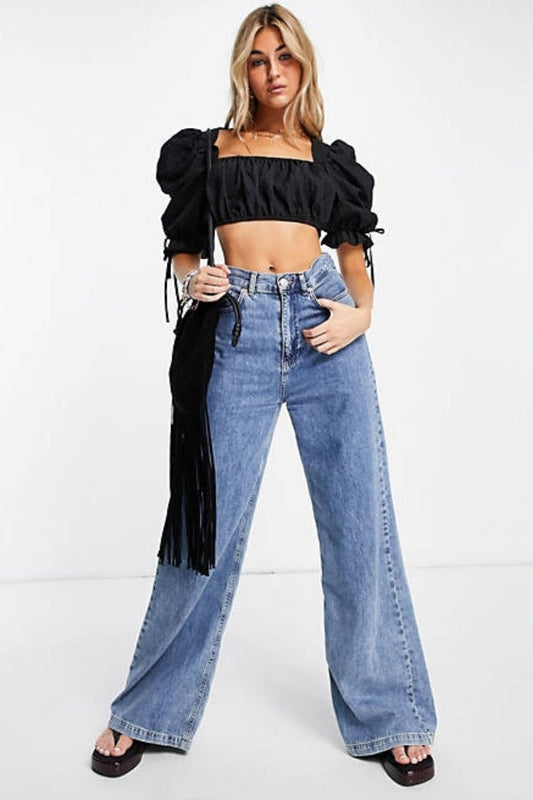 Cropped Puff Sleeve Top In Black