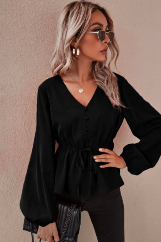 Drawstring Waist Lantern Sleeve Babydoll Blouse